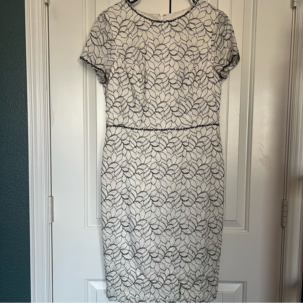 Adrianna Papell dress size 12 ivory black lace short sleeve knee length party